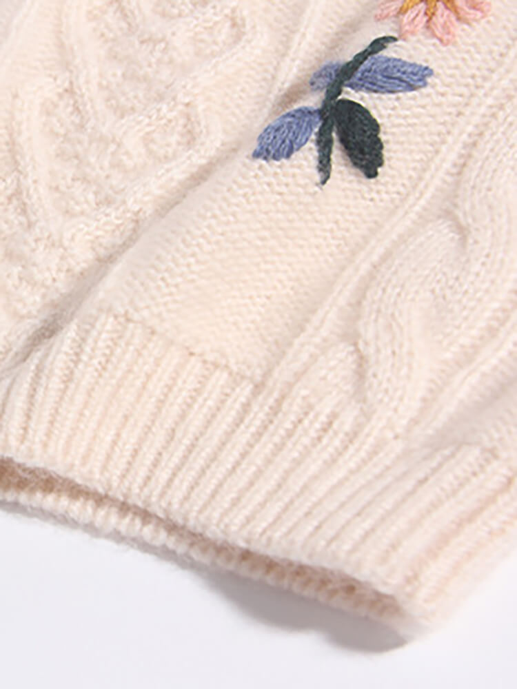 Kids Ivory Floral Embroidered Cable Knit Cashmere Sweater